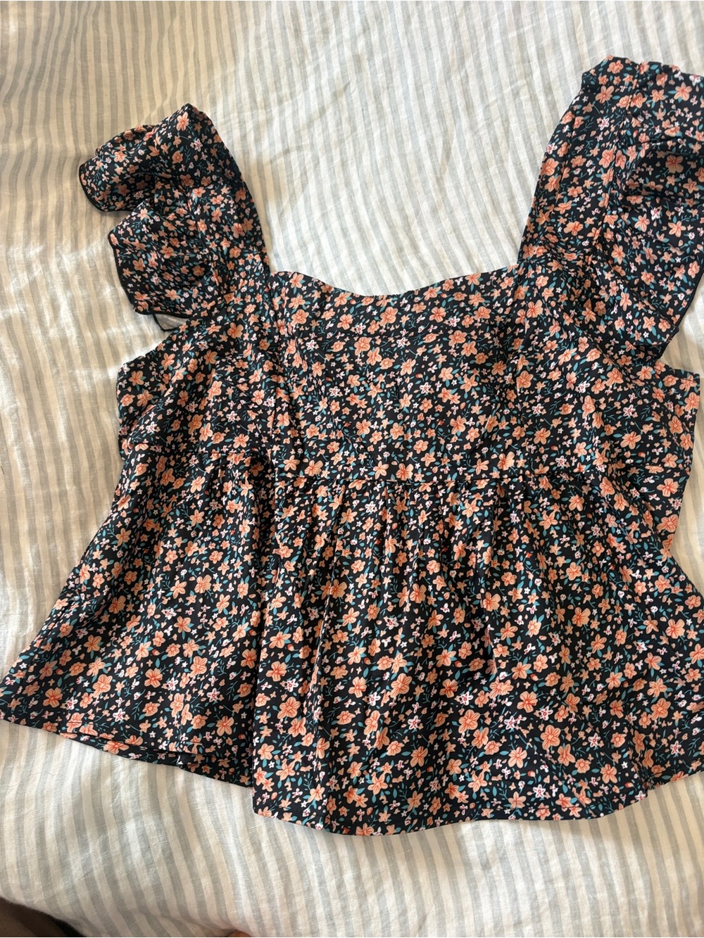 Floral Square-Neck Peplum Top - Black with Pink Floral